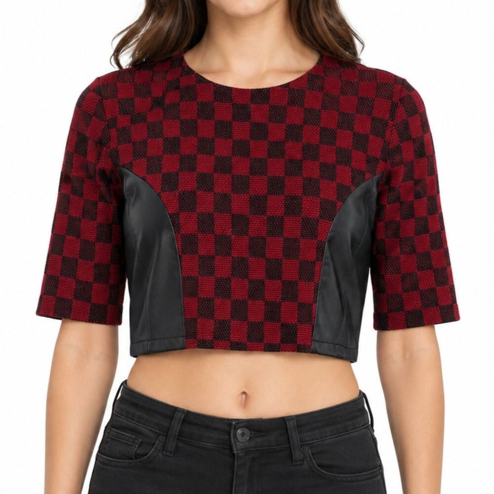 NWT Do & Be Buffalo Plaid Crop Top Red Black Faux Leather Panel 3/4 Sleeve S